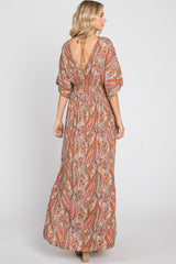 Rust Paisley Double V Short Sleeve Side Slit Maxi Dress