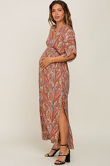 Rust Paisley Double V Short Sleeve Side Slit Maternity Maxi Dress