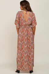 Rust Paisley Double V Short Sleeve Side Slit Maternity Maxi Dress