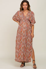 Rust Paisley Double V Short Sleeve Side Slit Maternity Maxi Dress