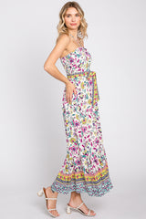 Multicolor Floral Halter Waist Tie Midi Dress