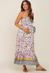 Multicolor Floral Halter Waist Tie Maternity Midi Dress