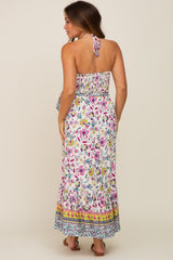 Multicolor Floral Halter Waist Tie Maternity Midi Dress