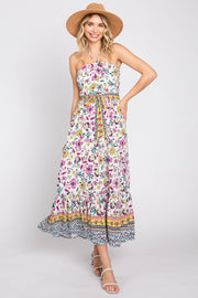 Multicolor Floral Halter Waist Tie Midi Dress