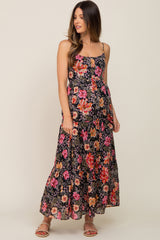 Black Floral Button Front Tiered Ruffle Maternity Maxi Dress