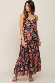 Black Floral Button Front Tiered Ruffle Maternity Maxi Dress