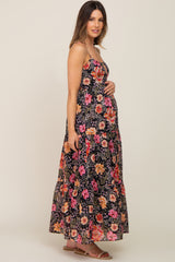 Black Floral Button Front Tiered Ruffle Maternity Maxi Dress