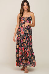 Black Floral Button Front Tiered Ruffle Maternity Maxi Dress