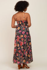 Black Floral Button Front Tiered Ruffle Maxi Dress