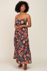 Black Floral Button Front Tiered Ruffle Maxi Dress