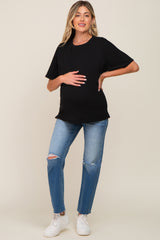 Black Oversized Rolled Short Sleeve Maternity Top