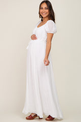 White Cinched Tie Waist Maternity Maxi Dress