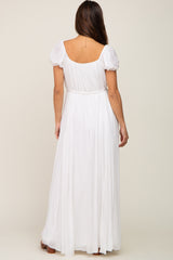 White Cinched Tie Waist Maternity Maxi Dress