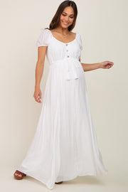 White Cinched Tie Waist Maternity Maxi Dress