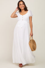 White Cinched Tie Waist Maternity Maxi Dress