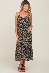 Black Floral Swiss Dot Back Tie Maternity Midi Dress