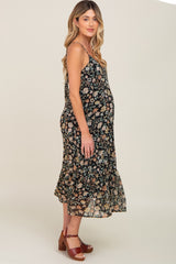 Black Floral Swiss Dot Back Tie Maternity Midi Dress