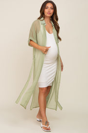 Sage Striped Sheer Button Down Maternity Cover Up