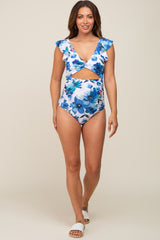 Blue Floral Cutout Flutter One Piece Maternity Swimsuit