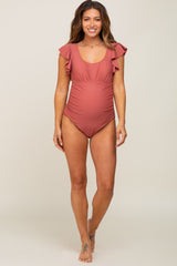 Rust Ruffle Shoulder Pleated Side Maternity One Piece Swimsuit