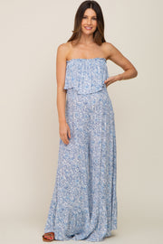 Light Blue Paisley Ruffle Strapless Maternity Jumpsuit