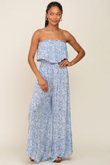 Light Blue Paisley Ruffle Strapless Jumpsuit