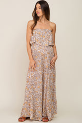 Taupe Paisley Ruffle Strapless Maternity Jumpsuit