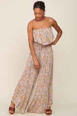 Taupe Paisley Ruffle Strapless Maternity Jumpsuit