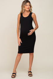 Black Ribbed Sleeveless Fitted Maternity Dress