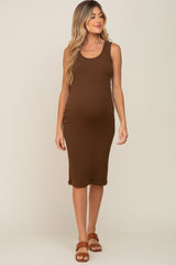 Brown Ribbed Sleeveless Fitted Maternity Dress