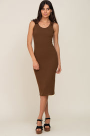 Brown Ribbed Sleeveless Fitted Dress