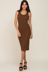 Brown Ribbed Sleeveless Fitted Maternity Dress