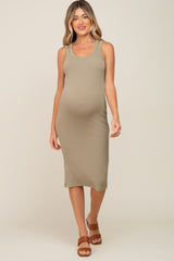 Olive Ribbed Sleeveless Fitted Maternity Dress