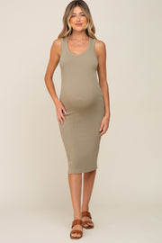 Olive Ribbed Sleeveless Fitted Maternity Dress