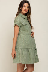 Olive Faded Denim Front Pocket Maternity Dress