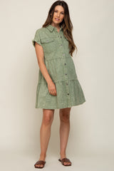 Olive Faded Denim Front Pocket Maternity Dress