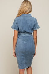 Blue Chambray Front Tie Button Up Maternity Dress