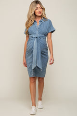 Blue Chambray Front Tie Button Up Maternity Dress