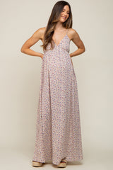 Taupe Floral Sleeveless Maternity Maxi Dress