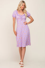 Lavender Floral Ruffle V-Neck Front Tie Dress