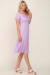 Lavender Floral Ruffle V-Neck Front Tie Dress