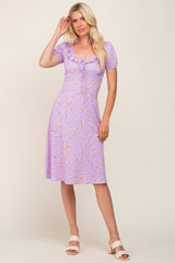 Lavender Floral Ruffle V-Neck Front Tie Dress