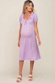 Lavender Floral Ruffle V-Neck Front Tie Maternity Dress