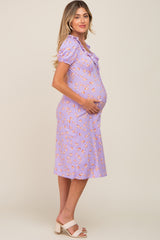 Lavender Floral Ruffle V-Neck Front Tie Maternity Dress