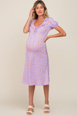 Lavender Floral Ruffle V-Neck Front Tie Maternity Dress