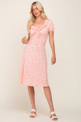 Peach Floral Ruffle V-Neck Front Tie Maternity Dress