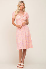 Peach Floral Ruffle V-Neck Front Tie Dress