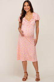 Peach Floral Ruffle V-Neck Front Tie Maternity Dress