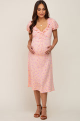 Peach Floral Ruffle V-Neck Front Tie Maternity Dress