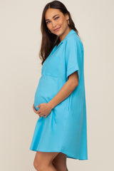 Light Blue Linen Collared Front Pocket Short Sleeve Maternity Dress